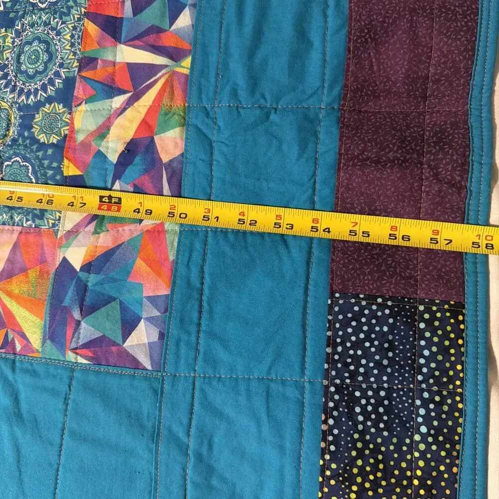 New Batik Lap Quilt Throw Blanket Handmade Machine Stitched Blue Green 58x58”